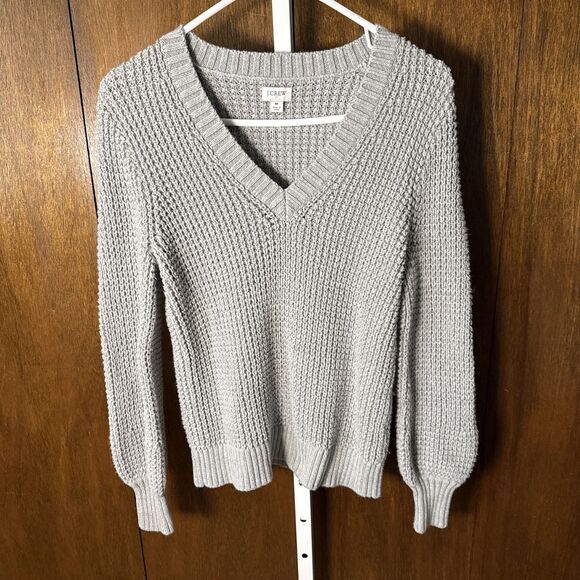 J Crew Women’s Size M Gray V-Neck Sweater Chunky Knit Cotton - Picture 2 of 4